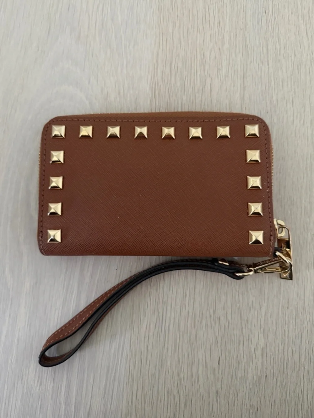 Michael Kors Brown Leather Studded Zip Wristlet Wallet - Picture 2 of 3